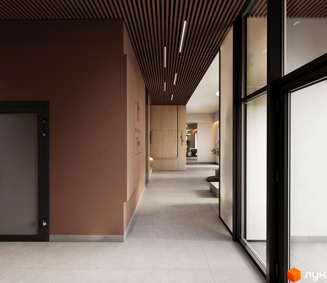 Вигляд внутрішнього простору Житлового комплексу MARVEL Home: довгий коридор зі світлою плиткою, дерев'яною рейковою стелею та скляними перегородками.