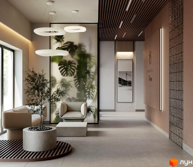 Просторий хол новобудови MARVEL Home з великими вікнами, світлими стінами та підлогою. Інтер'єр доповнюють підвісні світильники, зелені рослини та меблі.
