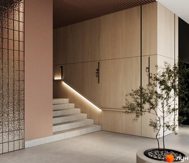 Внутрішній простір Житлового комплексу MARVEL Home з оздобленням дерев'яними панелями, сходами з підсвічуванням та фактурною скляною перегородкою.