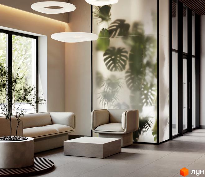 Житловий комплекс MARVEL Home: інтер'єр холу з зоною відпочинку, великими вікнами та рослинами за скляною перегородкою.