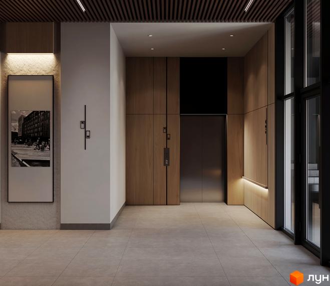 Інтер'єр холу Житлового комплексу MARVEL Home з дерев'яними панелями, ліфтом та освітленням. Просторий вестибюль з плитковою підлогою та великими вікнами.