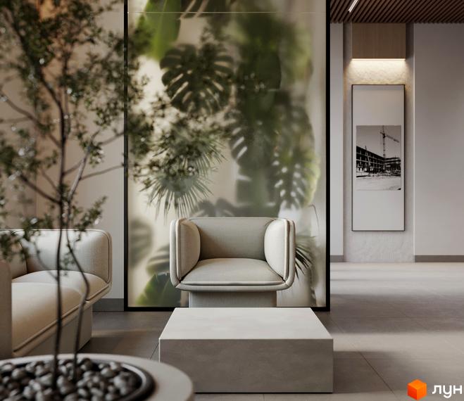 Житловий комплекс MARVEL Home: зображення будівництва комплексу на стіні холу. Інтер'єр доповнений елементами озеленення та світлими меблями.