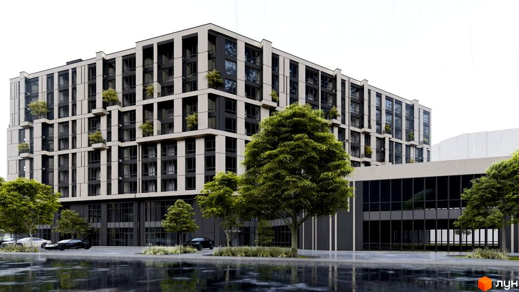 Зображення фасаду Житлового комплексу Millennium Elite з прибудинковою територією та деревами. На передньому плані відображено дорогу.