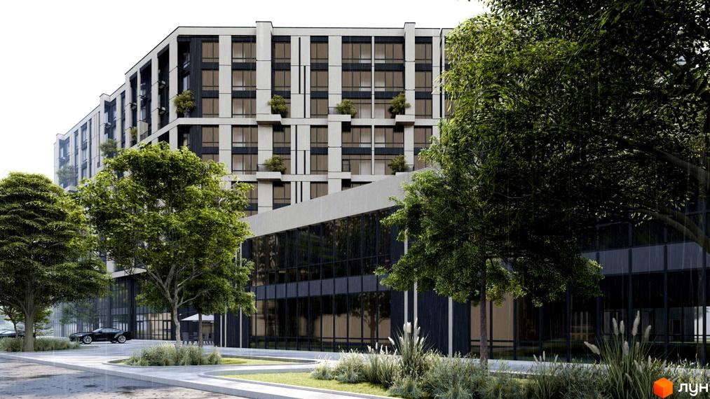 Зображення фасаду будинку Житлового комплексу Millennium Elite з прибудинковою територією та зеленими насадженнями.