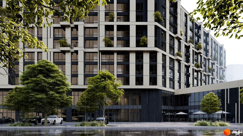 Зовнішній вигляд багатоповерхового будинку в Житловому комплексі Millennium Elite. На передньому плані дерева та припарковані автомобілі.