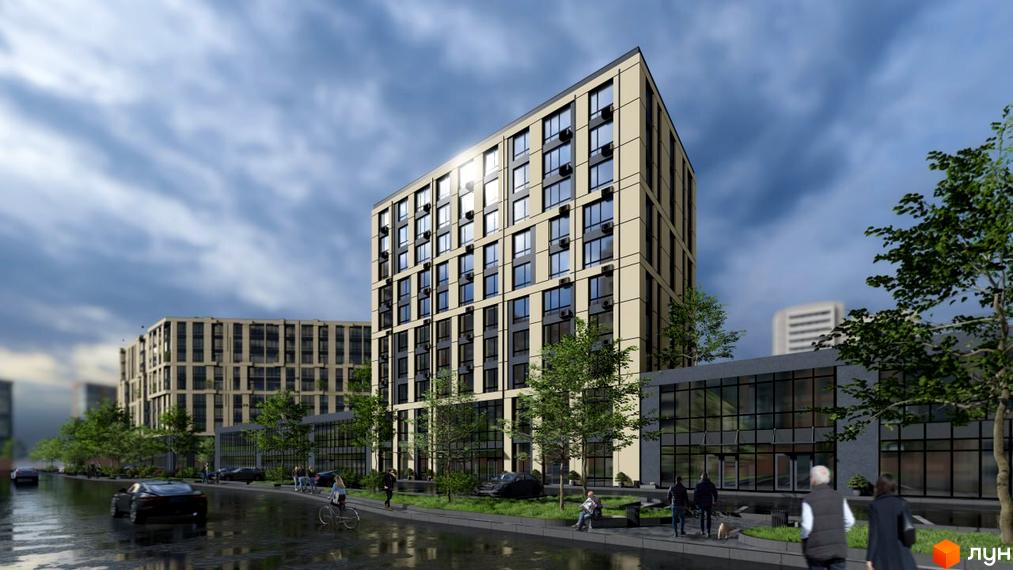 Житловий комплекс Millennium Elite – це сучасна новобудова з великими вікнами та кондиціонерами на фасаді, розташована біля дороги з автомобілями та пішоходами.