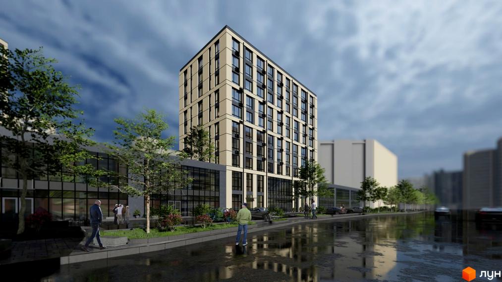 Зображення фасаду Новобудови Millennium Elite та прибудинкової території з деревами і тротуаром.