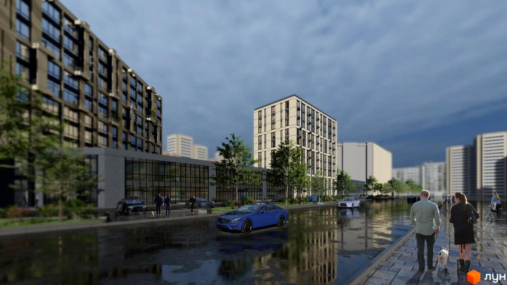 Житловий комплекс Millennium Elite з багатоповерховими будинками та відображеннями на мокрій дорозі, пішохідною зоною та деревами.