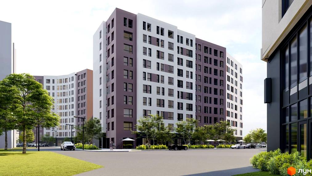 Житловий комплекс Millennium (NDB) - фасади будівель з білими та сіро-коричневими елементами, вікна прямокутної форми. Навколо зелена територія з деревами та автомобілями.