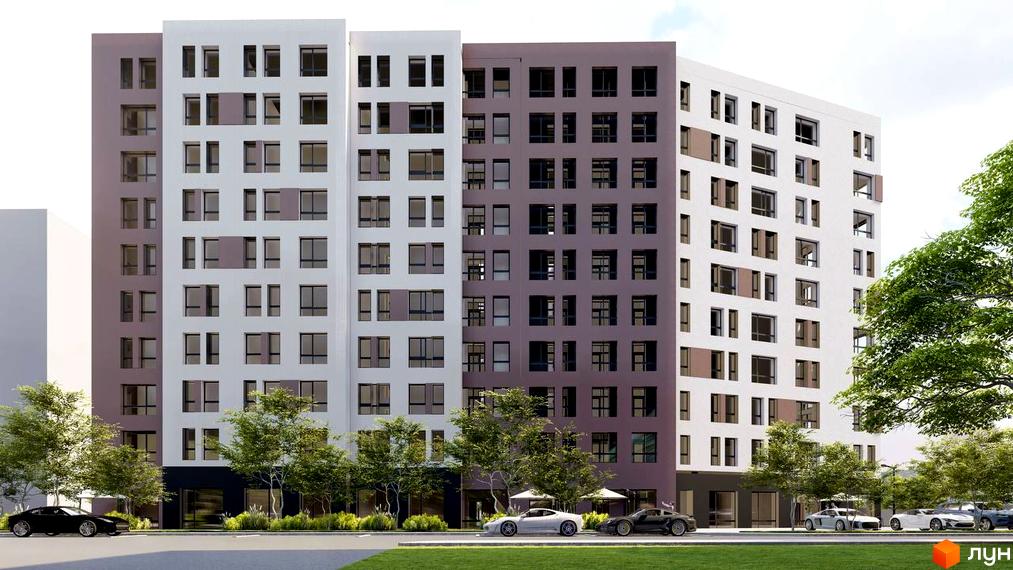 Висотна будівля Житловий комплекс Millennium (NDB) з великою кількістю вікон, перед будинком зелена зона та припарковані автомобілі.