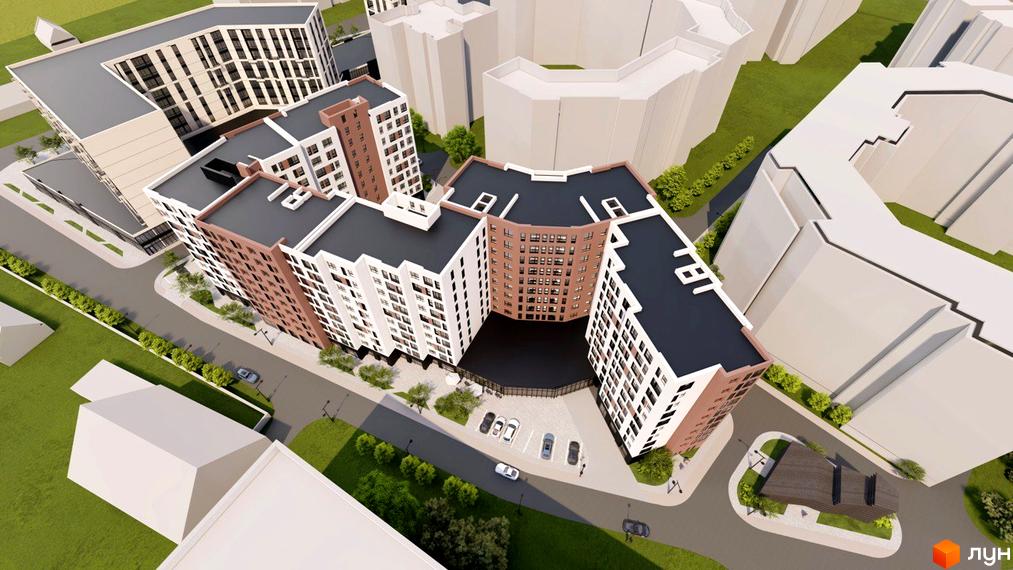 Вид на багатоповерховий будинок ЖК Millennium (NDB) з кількома секціями, з темним дахом та світлими фасадами. На прибудинковій території є парковка та зелені насадження.