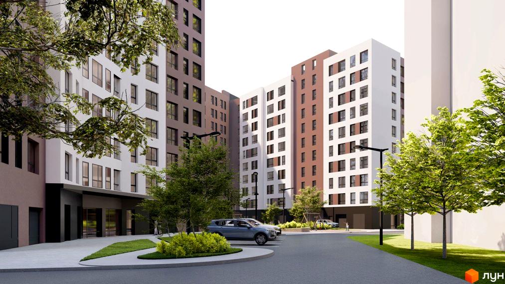 Високі будинки ЖК Millennium (NDB) з білими та коричневими фасадами. На території комплексу є зелені насадження та парковка для автомобілів.