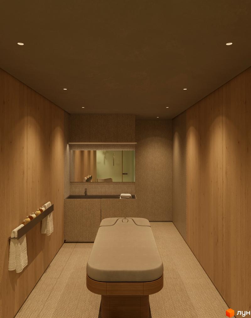 Інтер'єр спа-кабінету в комплексі ZORI by Shelest з масажним столом та полицею з пляшечками.