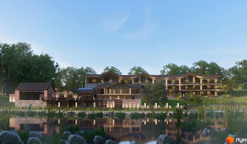 ZORI by Shelest – це житловий комплекс з кам'яним фасадом, дерев'яними елементами та балконами з рослинами, розташований біля спокійної водойми з відображенням будівель.