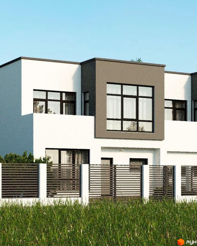 Таунхауси Sttk #11 – двоповерхові будинки з великими вікнами та сірим фасадом, огороджені парканом, на тлі зеленої трави та блакитного неба.