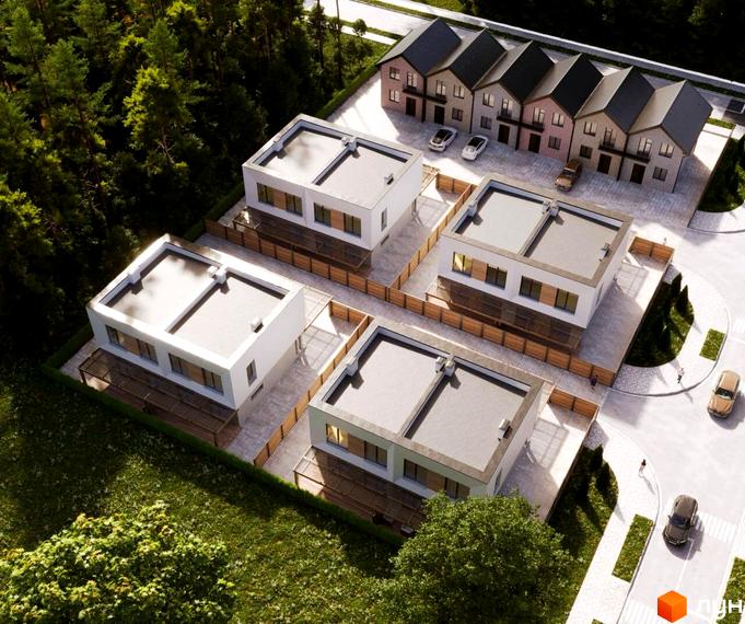 Котеджне містечко Полтавський Двір: сучасні двоповерхові будинки з пласкими дахами та прибудинковою територією з деревами та дорогою.