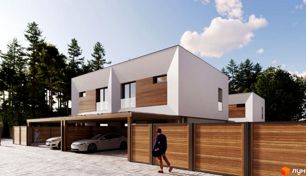 Котеджне містечко Полтавський Двір. Сучасний двоповерховий будинок з дерев'яним оздобленням та навісом для автомобілів. Прибудинкова територія огороджена дерев'яним парканом.