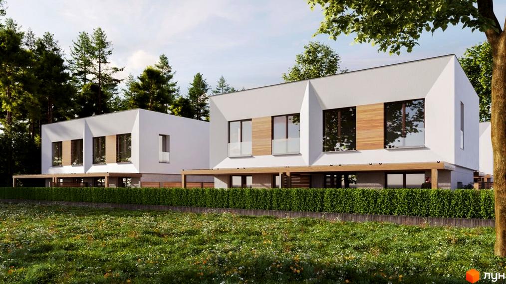 Котеджне містечко Полтавський Двір. Два білих будинки з дерев'яними вставками та великими вікнами, розташовані на фоні лісу та зеленої галявини з квітами.