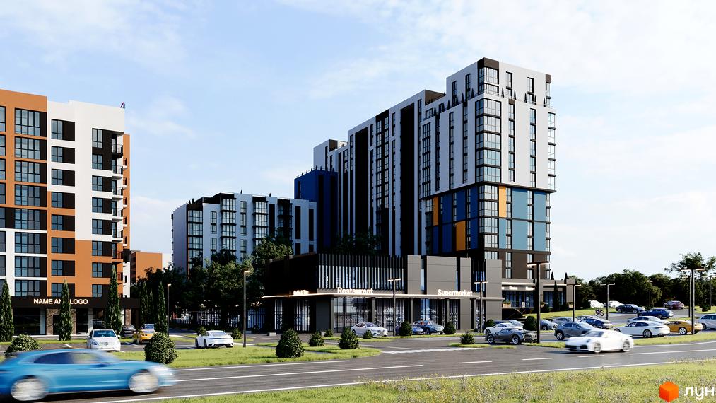 Зображення фасаду Будівельного проєкту Prime Tower та прибудинкової території з паркінгом і зеленою зоною.