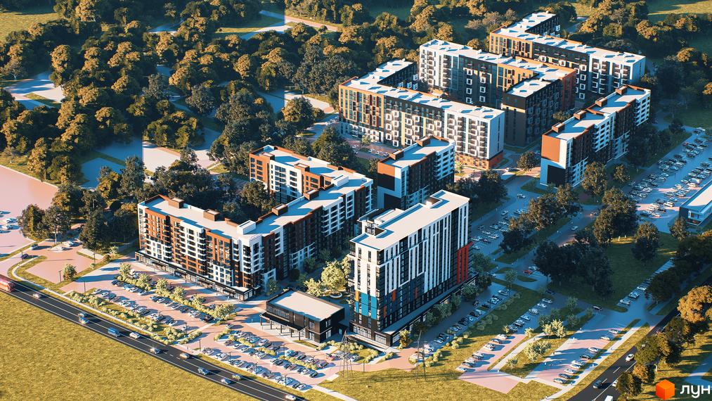 БФК Prime Tower - це сучасний житловий комплекс з багатоповерховими будинками та упорядкованою прибудинковою територією з парковками та зеленими зонами.