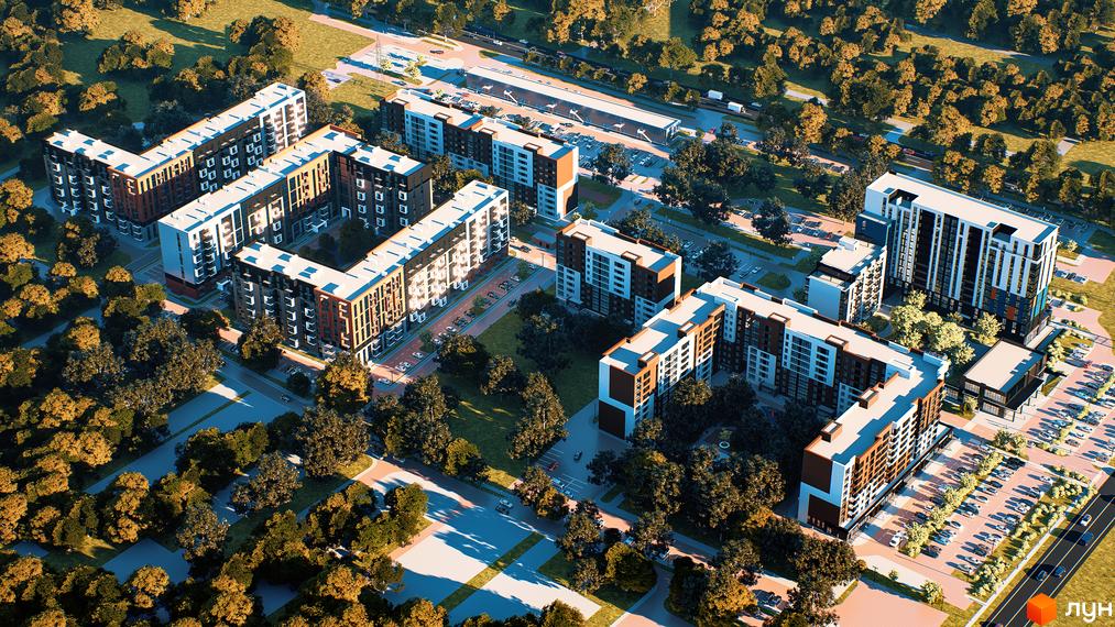 Зображення комплексу Prime Tower з висоти пташиного польоту. Видно багатоповерхові будинки та зелені насадження навколо.