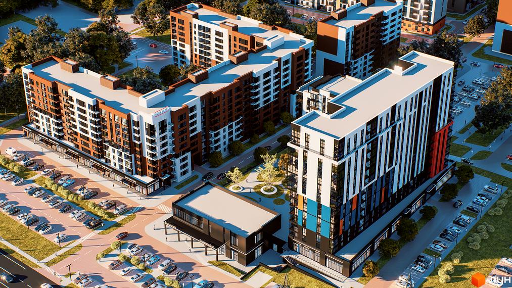 Зображення комплексу Prime Tower з висоти пташиного польоту. Видно багатоповерхові будинки та парковку з великою кількістю машин.