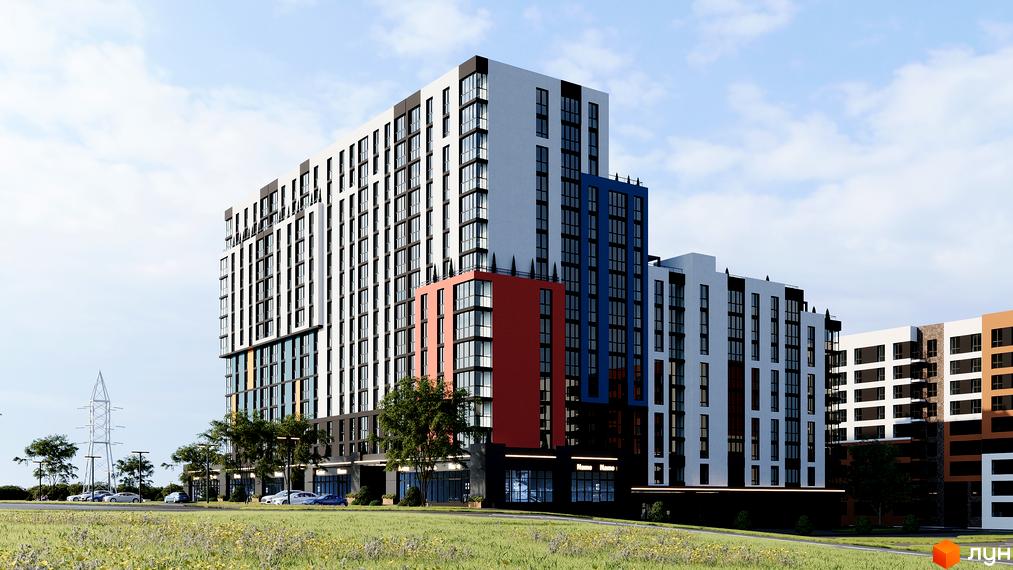 Зображення фасаду Будівельного проєкту Prime Tower з великими вікнами та кольоровими вставками. Навколо зелена територія з деревами.