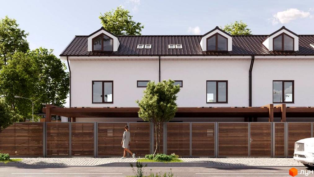 Зображення таунхаусів S8 з білим фасадом, коричневою черепицею та дерев'яним парканом. На передньому плані асфальтована дорога.