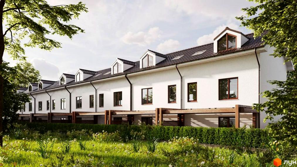 Зображення таунхаусів S8 з білими фасадами та мансардними вікнами. На передньому плані зелена галявина з травою та кущами.