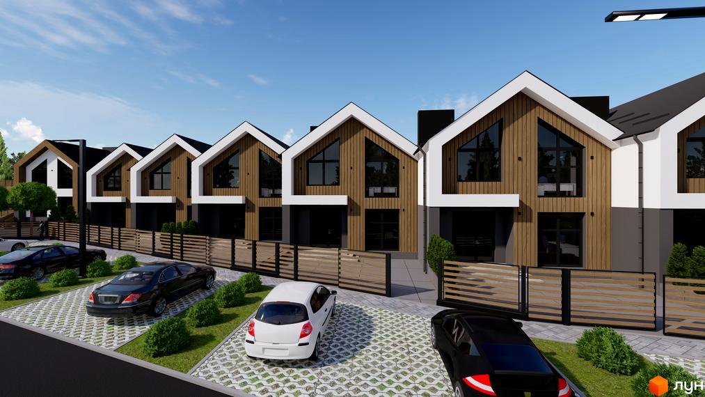 Котеджне містечко КМ GREEN WALL – це ряд сучасних будинків з дерев'яним фасадом та великими вікнами, розташованих на доглянутій прибудинковій території з парковкою та зеленими насадженнями.