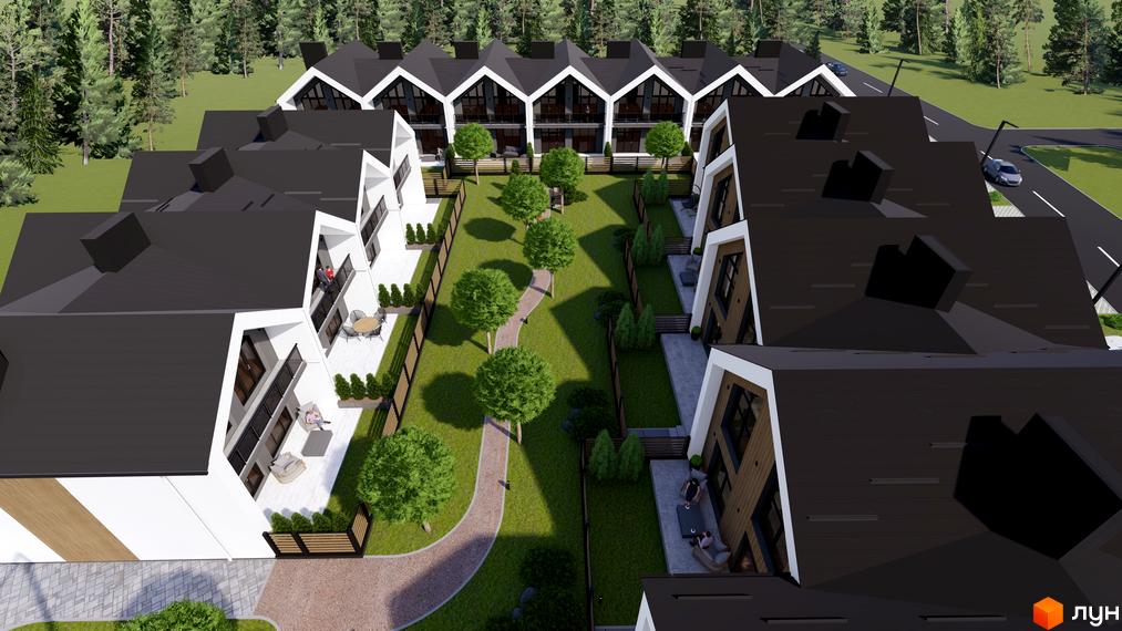 Котеджне містечко КМ GREEN WALL з білими фасадами та темними дахами, розташоване серед дерев. На території комплексу зелена галявина з доріжками та зонами відпочинку.