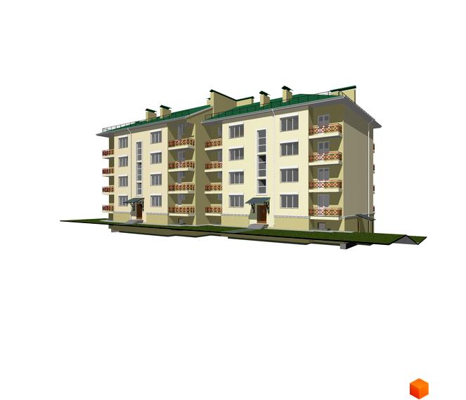 Фасад чотириповерхового житлового комплексу Милдом з балконами та зеленим дахом. Біля будинку доглянута прибудинкова територія з газоном.