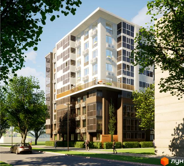 Зображення фасаду багатоповерхового будинку в Житловому комплексі Видовий. Навколо будівлі зелені насадження та пішохідна зона.