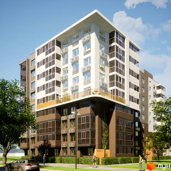 Висотна будівля ЖК Видовий з панорамними вікнами та балконами. На території комплексу зелені насадження та місця для відпочинку.