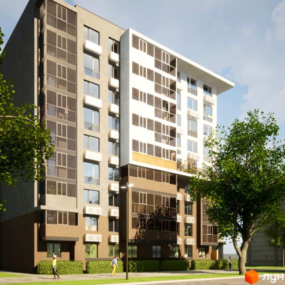 Багатоповерховий будинок житлового комплексу Видовий з панорамними вікнами. На прибудинковій території зелені насадження та доріжки для пішоходів.