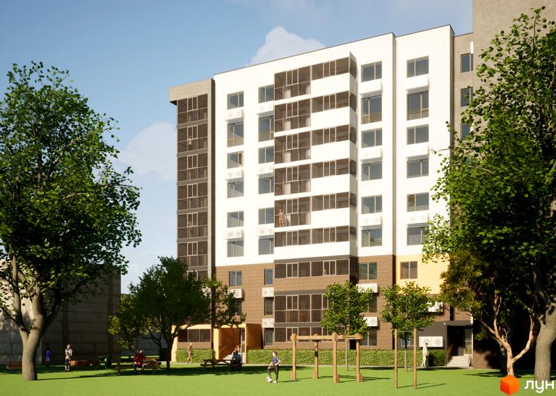 Зовнішній вигляд багатоповерхового будинку в Житловому комплексі Видовий. На території є зелені насадження та дитячий майданчик.