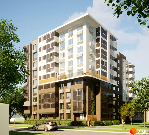 Зображення фасаду та прибудинкової території Житлового комплексу Видовий. Багатоповерховий будинок з великими вікнами та зеленими насадженнями.