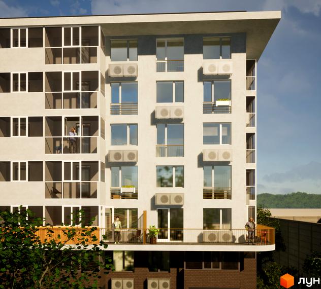 Зображення фасаду Новобудови Видовий з великими вікнами та балконами. На передньому плані дерева.