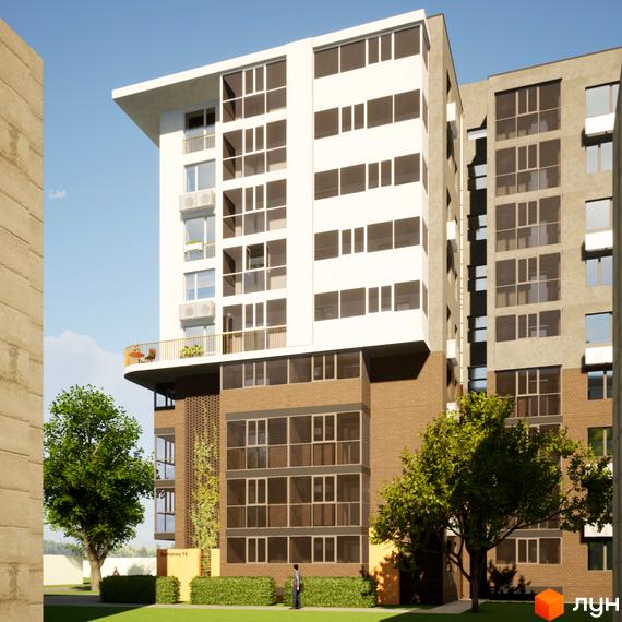 Зображення фасаду та прибудинкової території Житлового комплексу Видовий. Багатоповерхова будівля з великими вікнами та зеленими насадженнями.