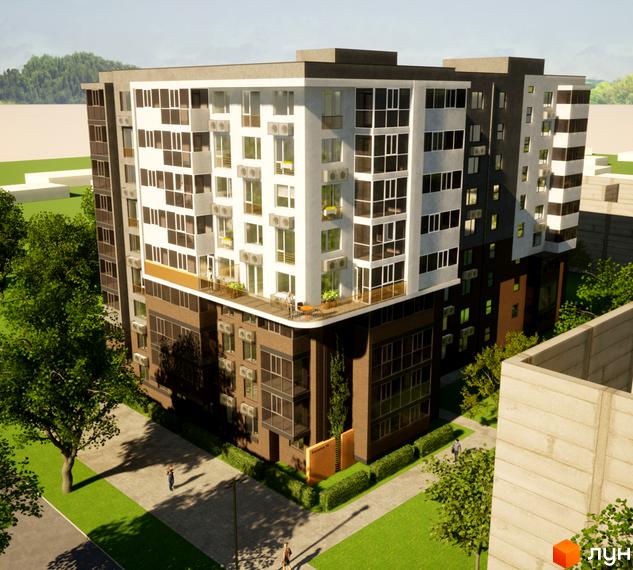 Багатоповерховий будинок житлового комплексу Видовий з великими вікнами та балконами. На прибудинковій території зелені насадження та доріжки для пішоходів.