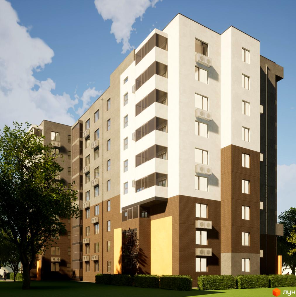 Висотна будівля житлового комплексу Видовий з фасадом у коричневих та білих тонах. На прибудинковій території зелені насадження та газон.