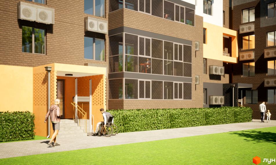 Зображення ЖК Видовий: цегляний будинок з великими вікнами та кондиціонерами, перед будинком зелена трава та доріжка, на якій люди.