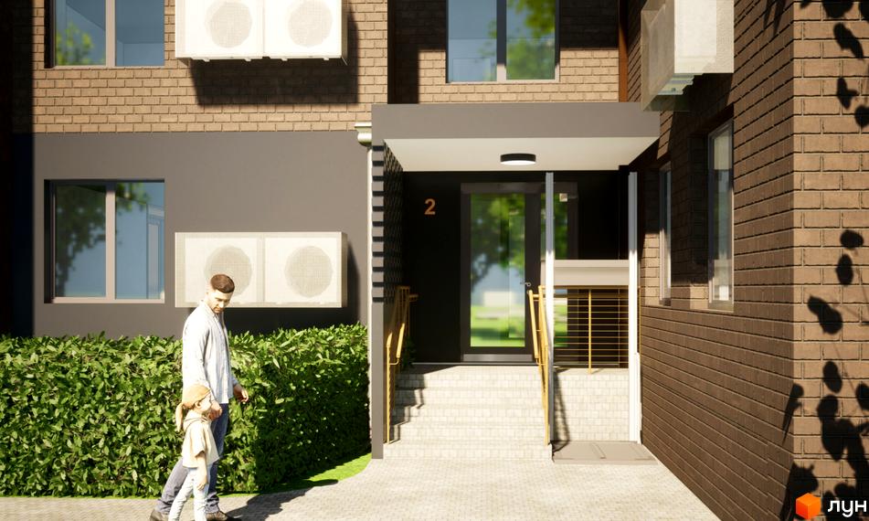 Фасад будинку ЖК Видовий з цегляною кладкою, вхід до під'їзду з сходами та номером 2, поруч зелені насадження.
