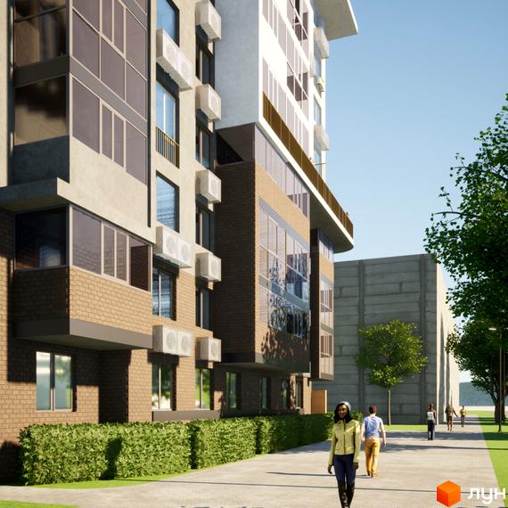 Висотна будівля ЖК Видовий з панорамними вікнами, облицьована цеглою. На передньому плані доглянута прибудинкова територія з алеєю для прогулянок.