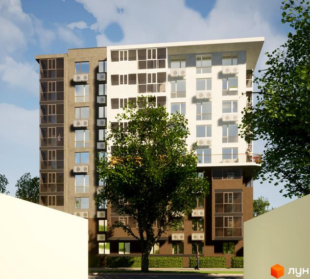 Житловий комплекс Видовий: багатоповерховий будинок з білими стінами та панорамними вікнами, поруч зелені дерева та доглянута прибудинкова територія.