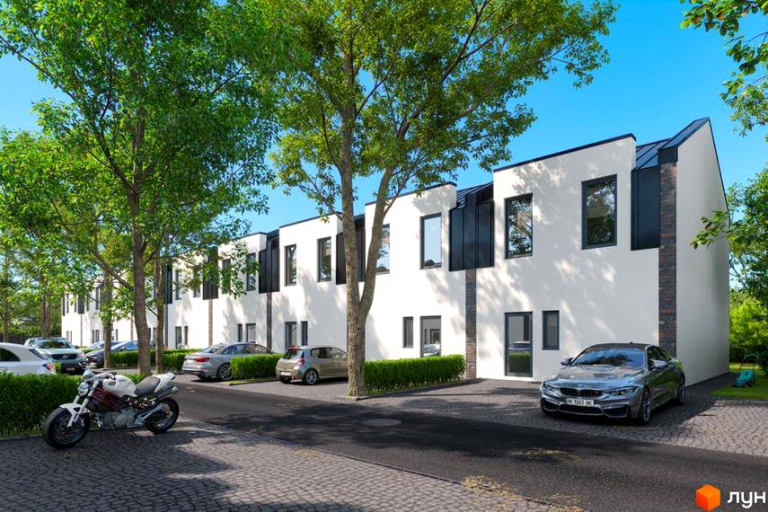 Зображення таунхаусів Lisostepoville з білим фасадом, великими вікнами та припаркованими автомобілями. Навколо зелені дерева та газон.