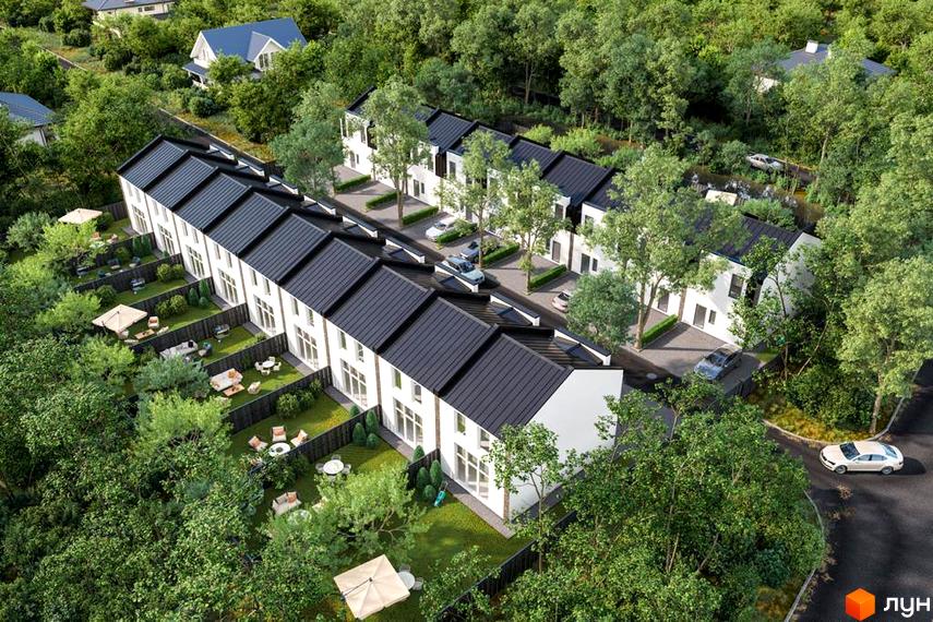 Зображення таунхаусів Lisostepoville з чорними дахами та білими стінами. Навколо зелені газони та дерева.