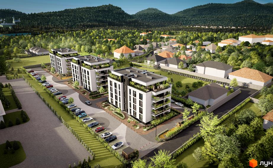 Житловий комплекс PANNONIA з білими будинками з терасами та паркуванням, розташований серед зелені та гір.