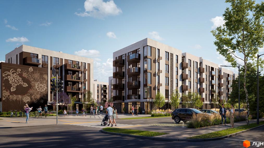 Зображення фасаду та прибудинкової території Житлового комплексу Нова Сторожниця. На передньому плані пішохідний перехід та люди.