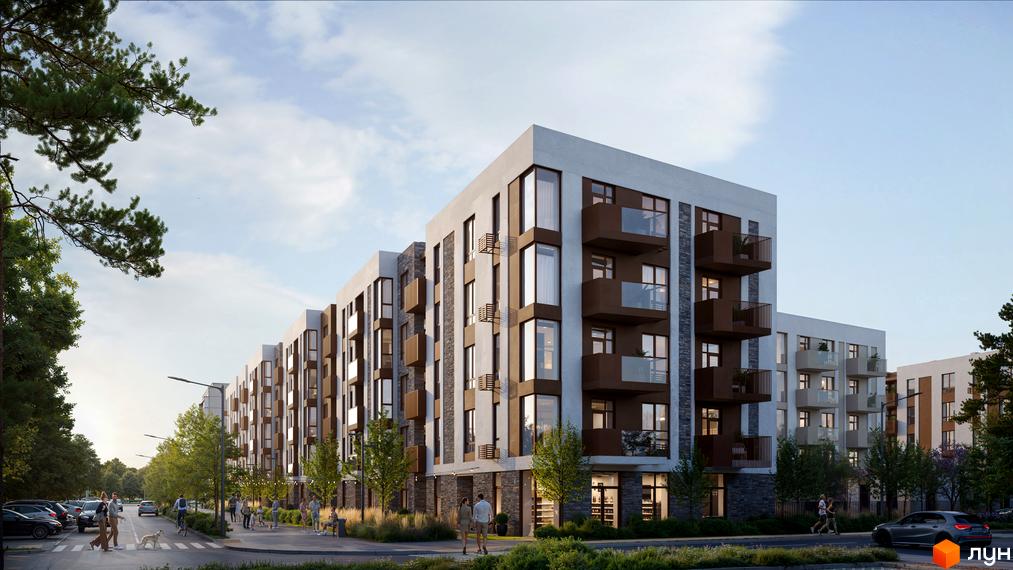 Житловий комплекс Нова Сторожниця. Зовнішній вигляд будівель з балконами та великими вікнами, зелена прибудинкова територія з деревами та пішохідною зоною.